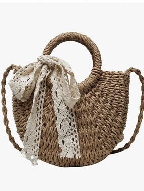 Woven Straw Circle Tote with Lace Bow